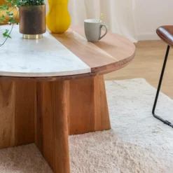 Made in Meubles Table Basse<Table basse ronde en bois d'acacia et marbre Homère