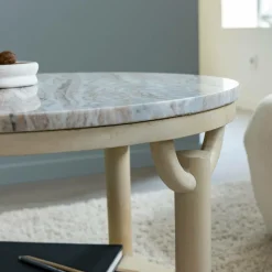 Made in Meubles Table Basse<Table basse ronde en bois de manguier et marbre Isabella