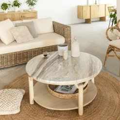 Made in Meubles Table Basse<Table basse ronde en bois de manguier et marbre Isabella