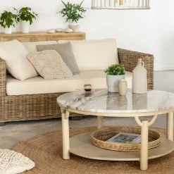 Made in Meubles Table Basse<Table basse ronde en bois de manguier et marbre Isabella