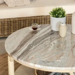 Made in Meubles Table Basse<Table basse ronde en bois de manguier et marbre Isabella