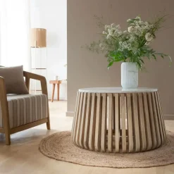 Made in Meubles Table Basse<Table basse ronde en bois de manguier et marbre blanc Moana