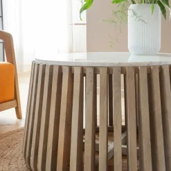 Made in Meubles Table Basse<Table basse ronde en bois de manguier et marbre blanc Moana