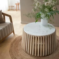 Made in Meubles Table Basse<Table basse ronde en bois de manguier et marbre blanc Moana