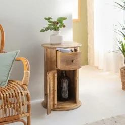 Made in Meubles Chevet<Table de chevet ronde en bois de manguier avec porte Maëva