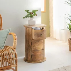 Made in Meubles Chevet<Table de chevet ronde en bois de manguier avec porte Maëva