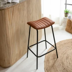 Made in Meubles Tabouret De Bar<Tabouret de bar en cuir marron et métal Alexandre (lot de 2)