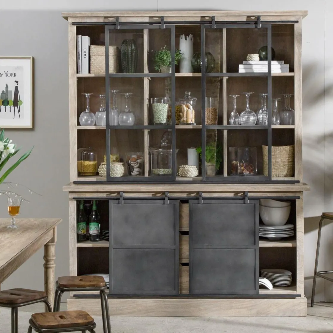 Made in Meubles Vaisselier<Vaisselier en bois de manguier brossé et métal gris Helsinki